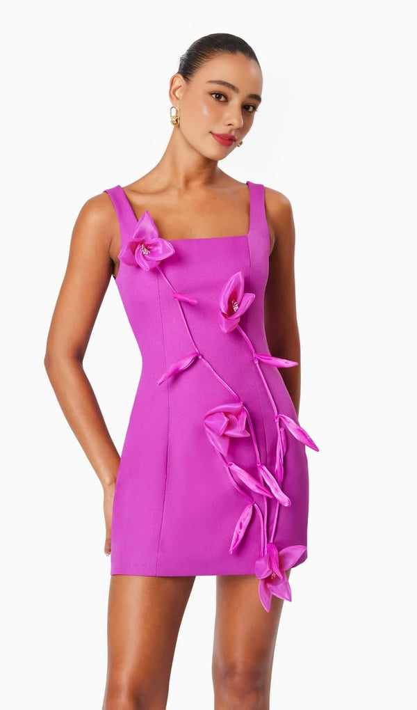 Bethany 3d flower sleeveless Mini Dress In Purple