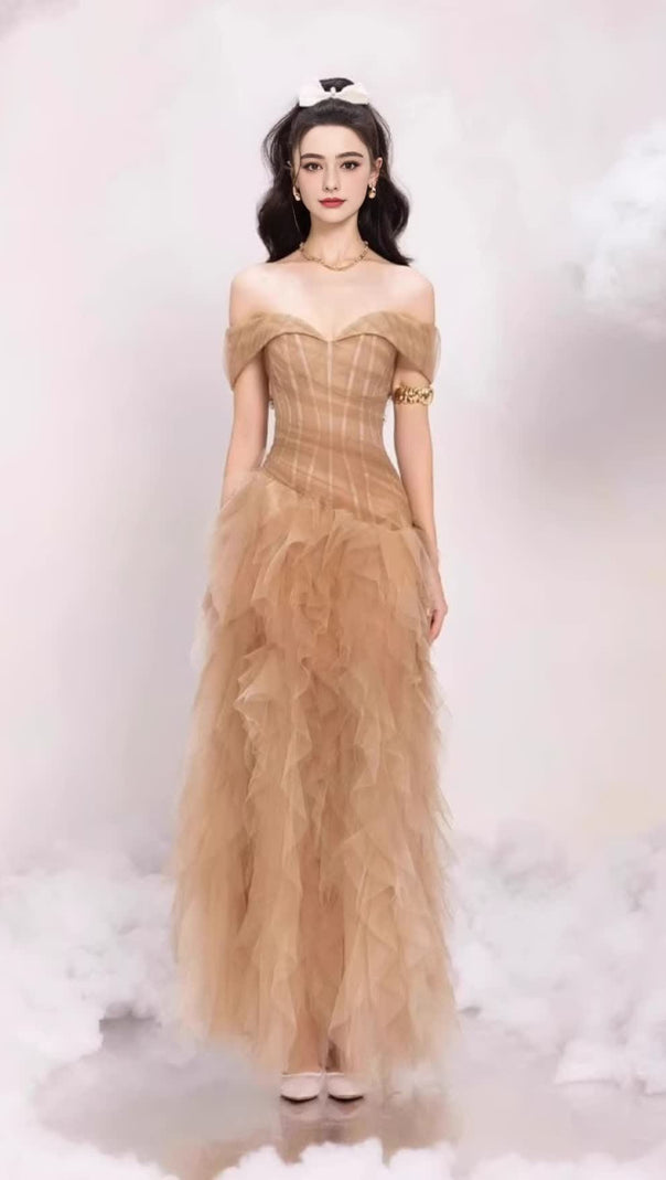 AIIZIE TULLE TUBE TOP WITH RIPPLING PATTERNMAXI DRESS IN KHAKI - product image