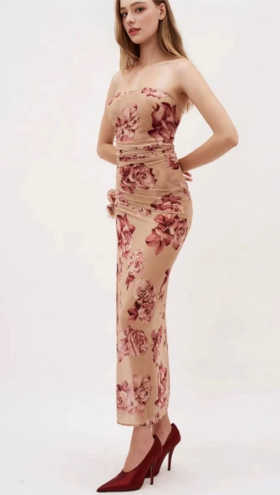 ABITO MIDI TAYSIA FLOREALE SENZA SPALLINE CON RUCHES