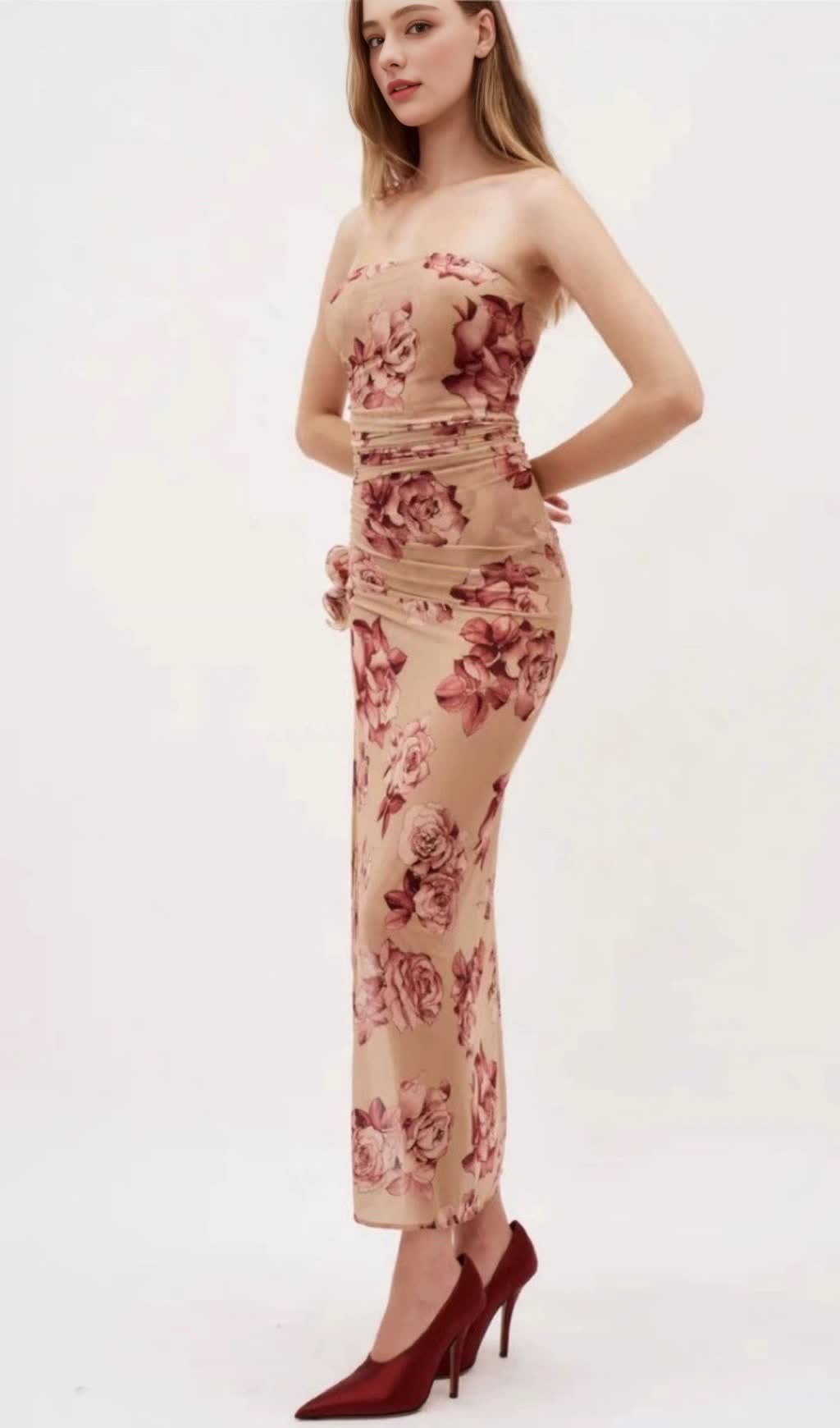 ABITO MIDI TAYSIA FLOREALE SENZA SPALLINE CON RUCHES