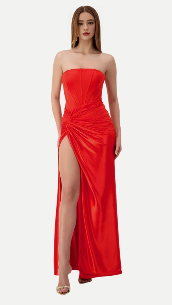 AIIZIE PLEATED STRAPLESS HIGH SLIT MAXI DRESS IN RED - product image