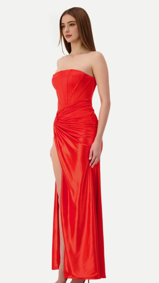 AIIZIE PLEATED STRAPLESS HIGH SLIT MAXI DRESS IN RED - product image