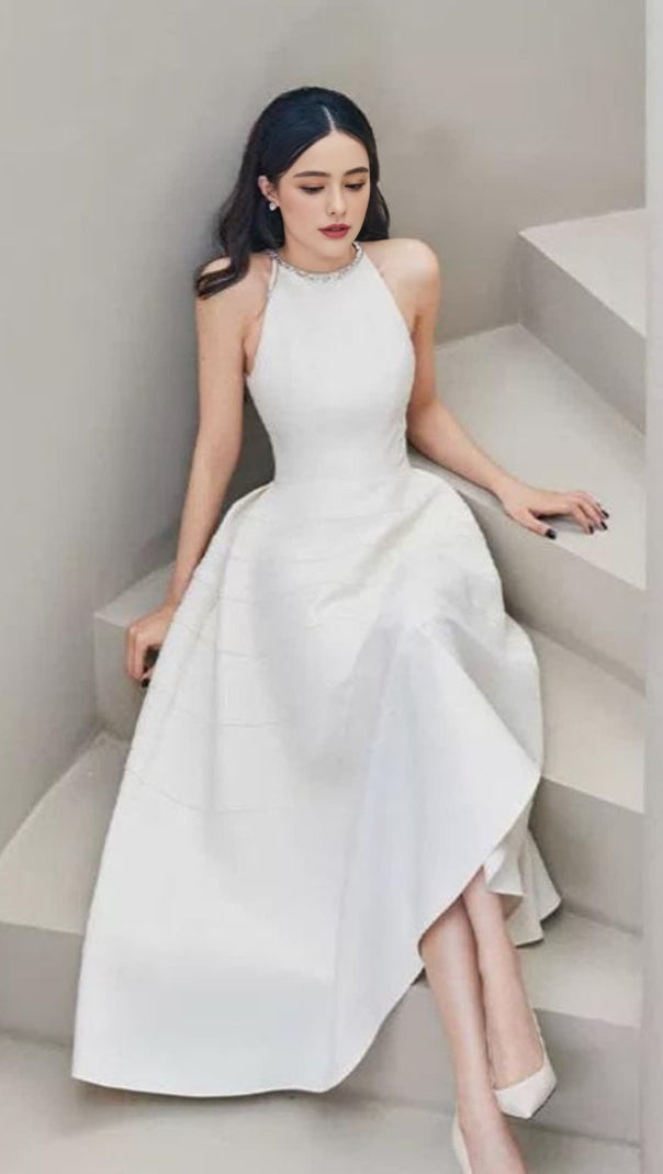 AIIZIE SLEEVELESS HALTER NECK WITH DIAMOND MIDI DRESS IN WHITE - product image