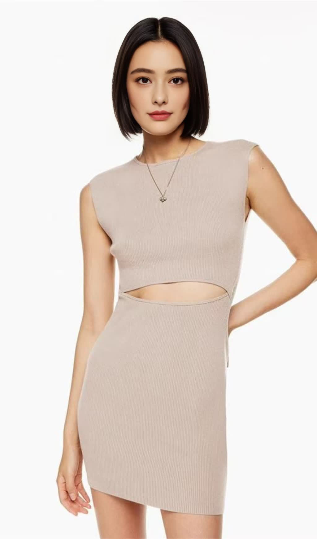 MINI ABITO IN MAGLIA COLORE PURO MARRONE CON OMBRELLONE SCOPRITO 