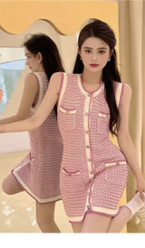 HOUNDSTOOTH SLEEVELESS KNITTED MINI DRESS PINK