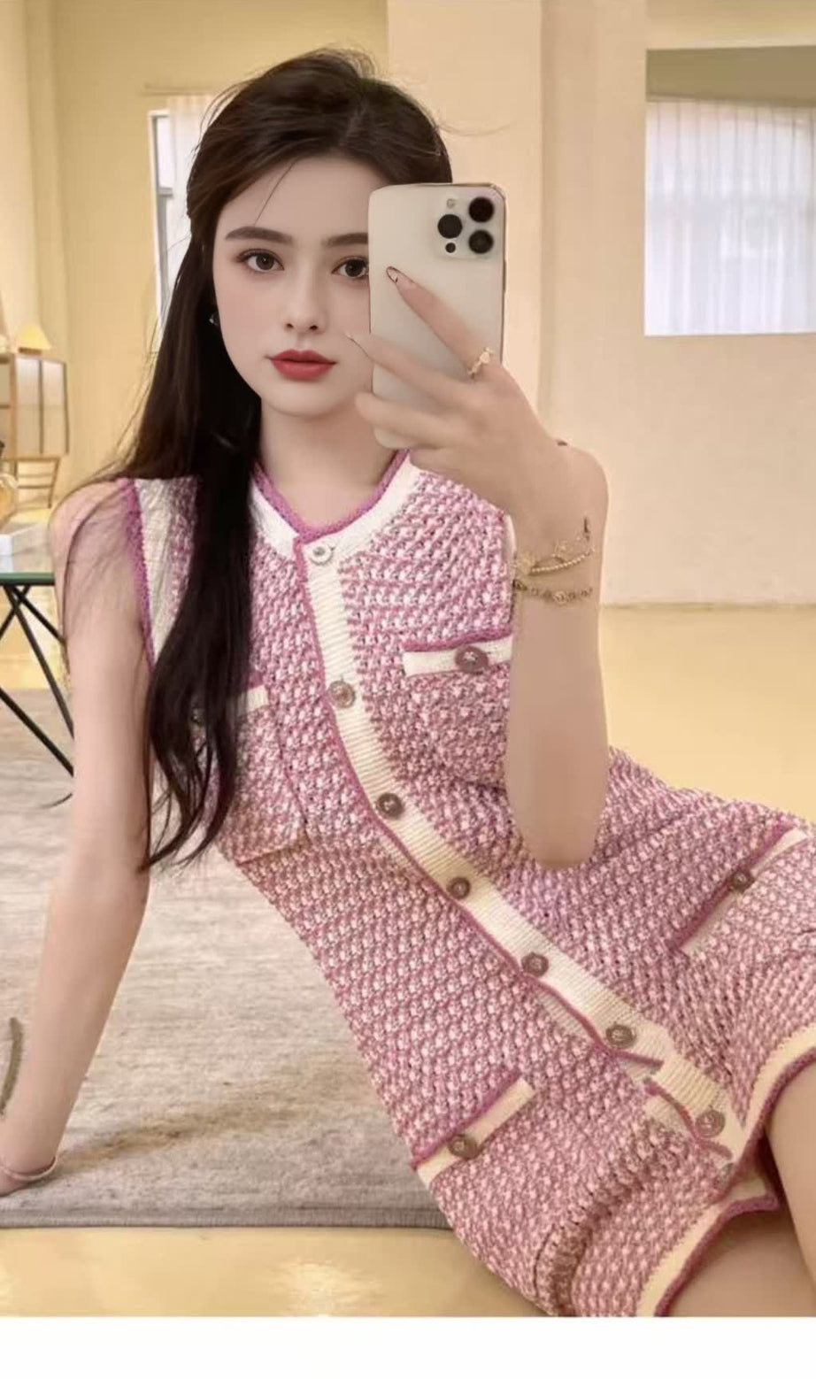 MINI ABITO IN MAGLIA SENZA MANICHE PIED DE POULE ROSA 
