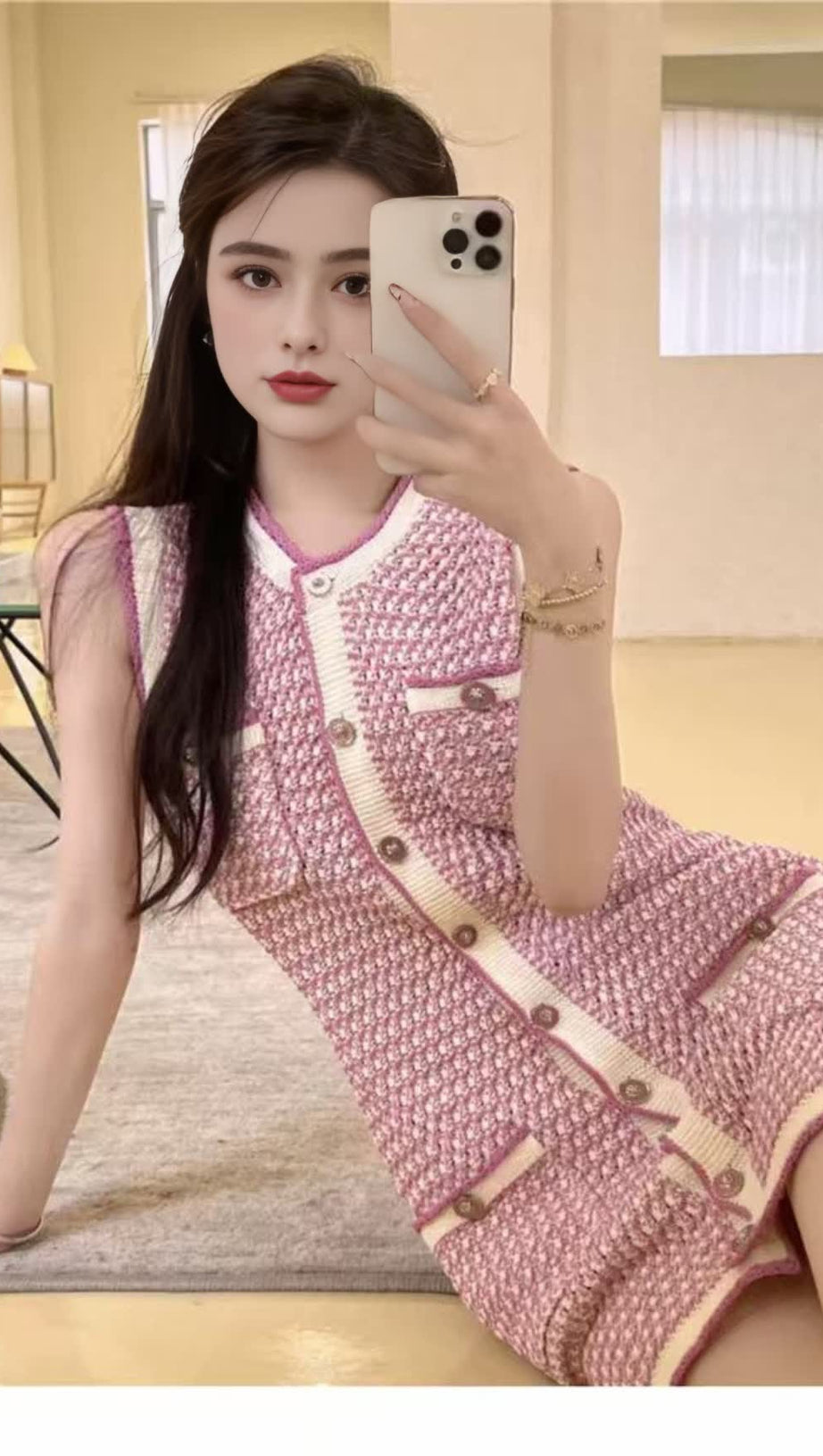 HOUNDSTOOTH SLEEVELESS KNITTED MINI DRESS PINK