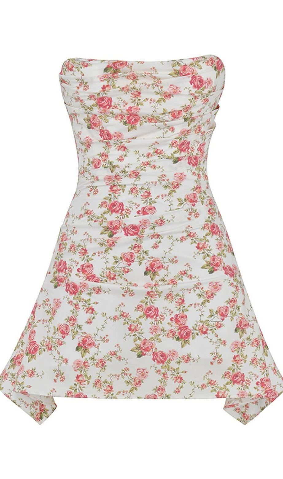 FLORAL PRINTS DRAPED STRAPLESS MINI DRESS