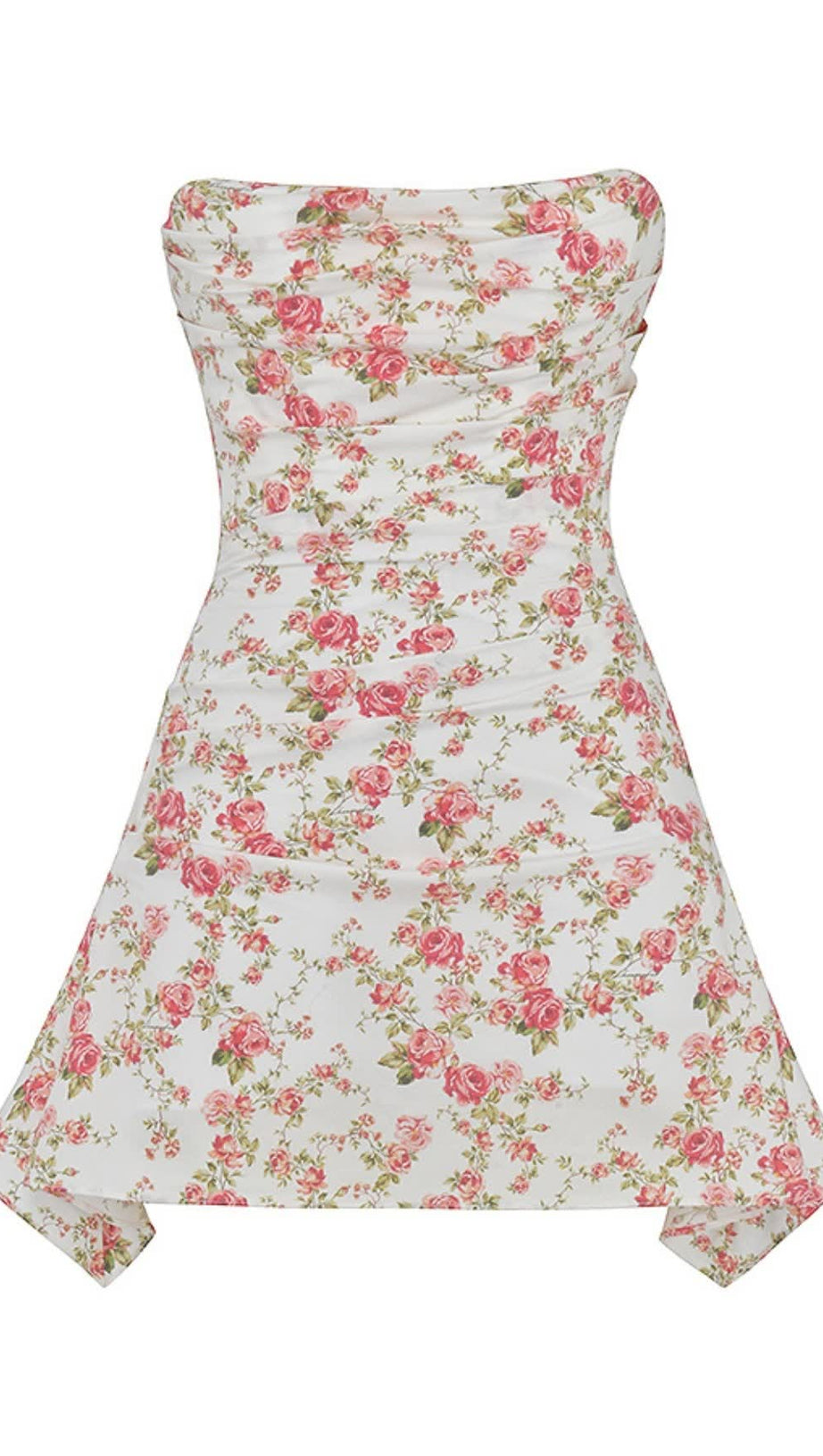 DRAPIERTES TRÄGERLOSES MINIKLEID MIT BLUMENPRINT