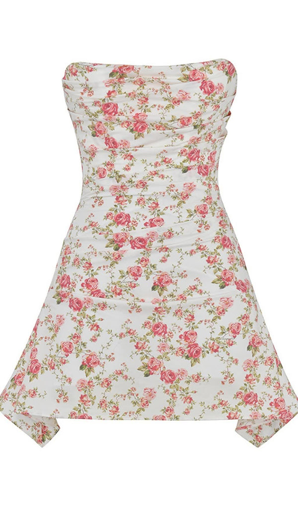 FLORAL PRINTS DRAPED STRAPLESS MINI DRESS