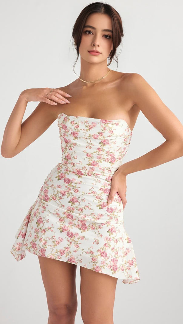 AIIZIE FLORAL PRINTS DRAPED STRAPLESS MINI DRESS - product image
