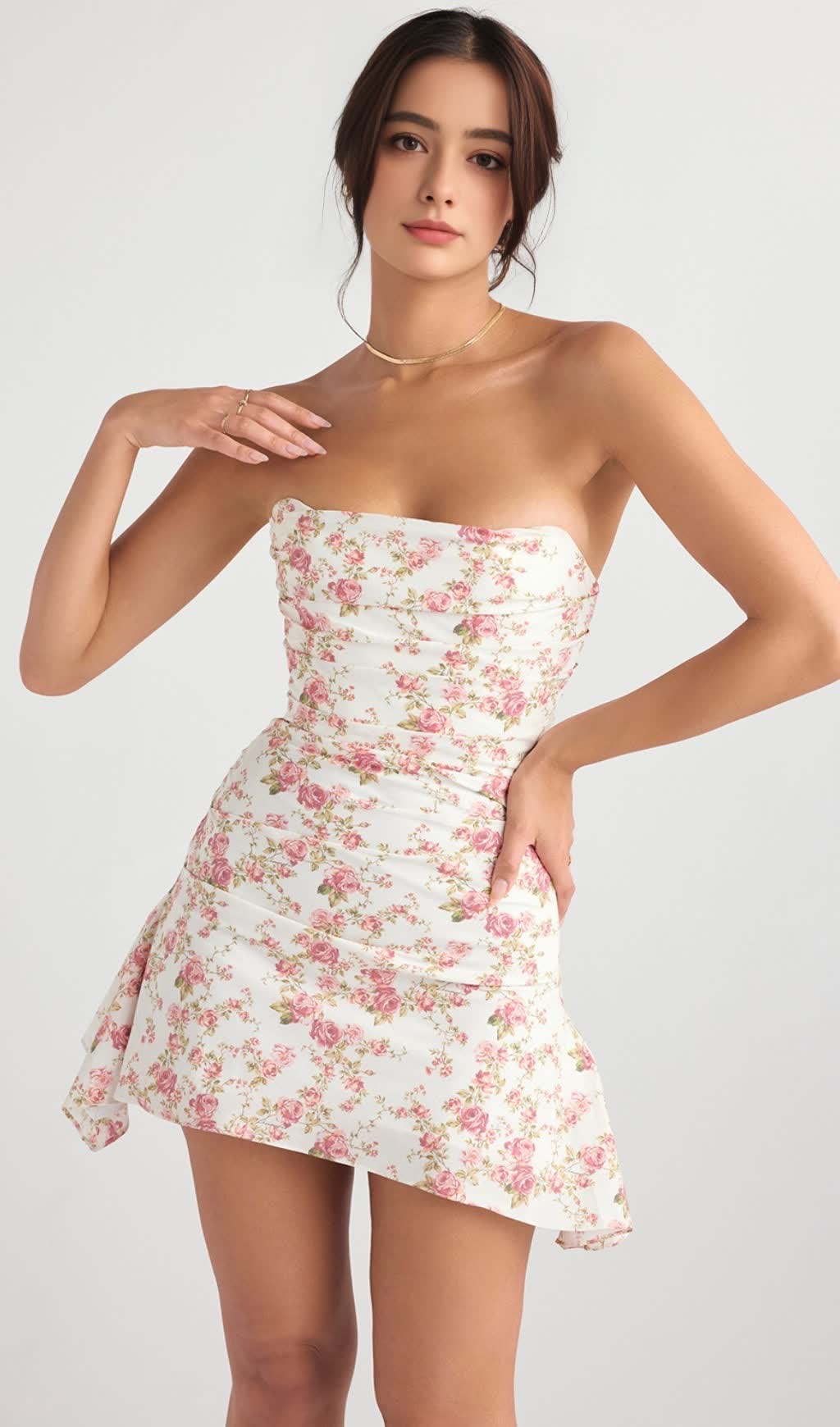 MINI ABITO SENZA SPALLINE DRAPPEGGIATO CON STAMPE FLOREALI