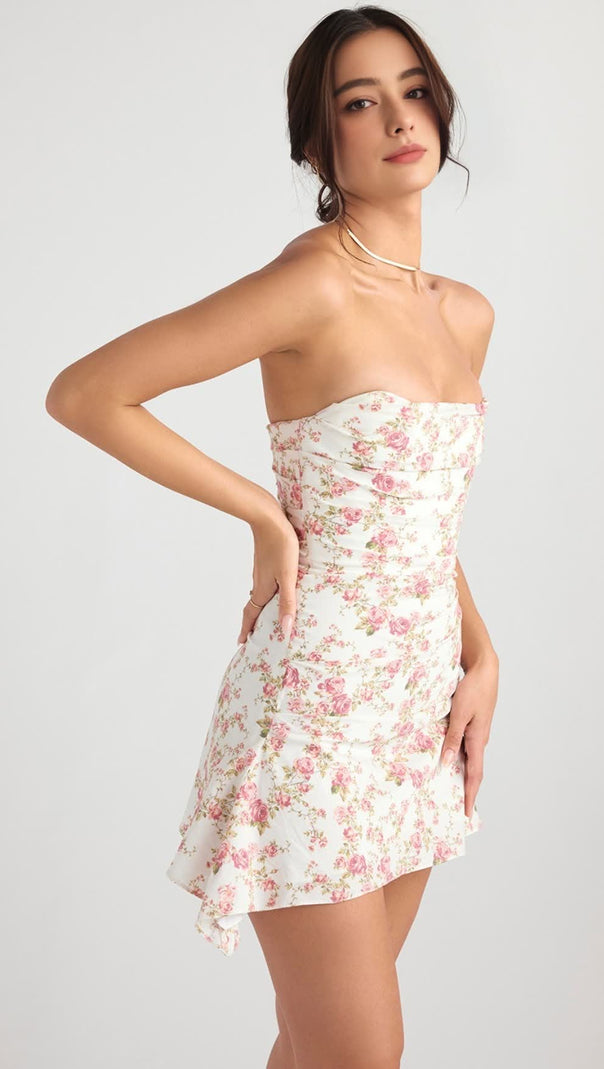 AIIZIE FLORAL PRINTS DRAPED STRAPLESS MINI DRESS - product image