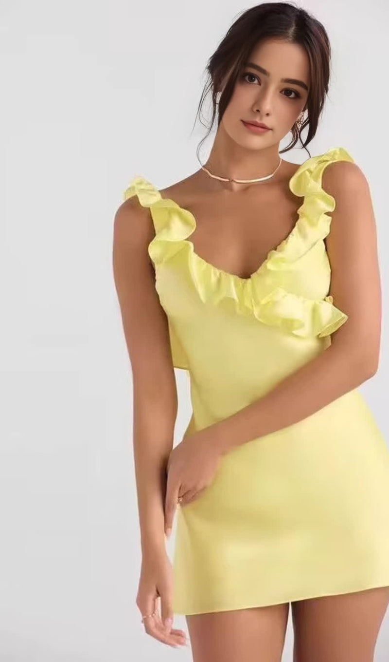 YELLOW BUTTERCUP SATIN RUFFLE MINI DRESS