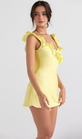 YELLOW BUTTERCUP SATIN RUFFLE MINI DRESS