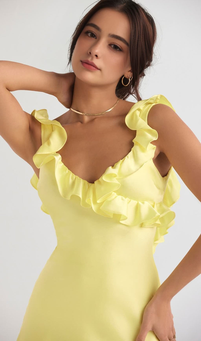 YELLOW BUTTERCUP SATIN RUFFLE MINI DRESS