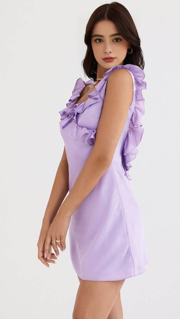 AIIZIE PURPLE BUTTERCUP SATIN RUFFLE MINI DRESS - product image