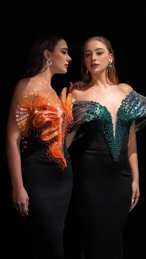 AIIZIE OFF-SHOULDER PEARL EMBELLISHED BODYCON MAXI DRESS IN BLACK - product image