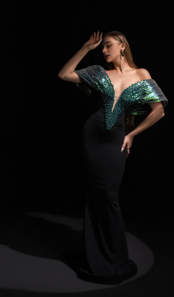 Off-Shoulder pearl embellished bodycon maxi dress in black