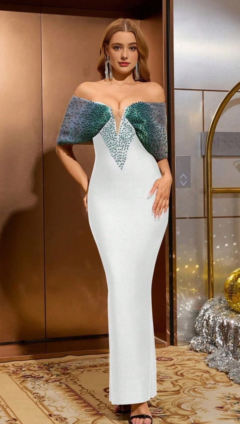 OFF-SHOULDER PEARL EMBELLISHED BODYCON MAXI DRESS IN GREEN