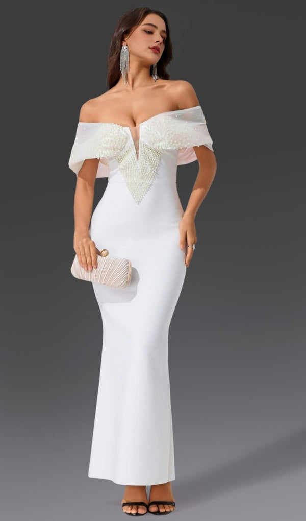 Off-Shoulder pearl embellished bodycon maxi dress in white