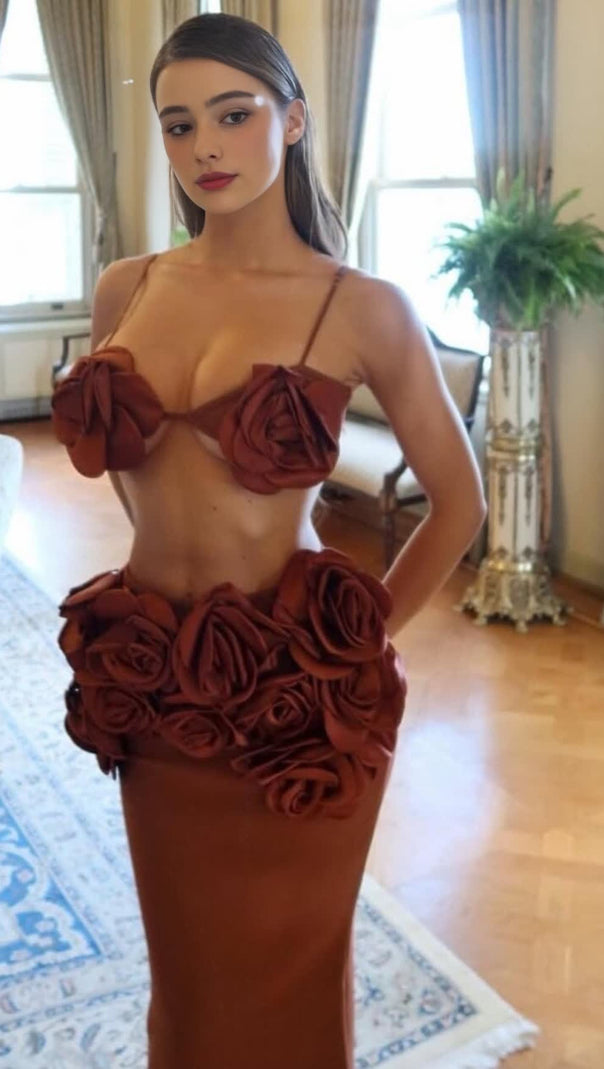 AIIZIE BROWN FLOWERED TOP AND LONG MIDI SKIRT SET - product image