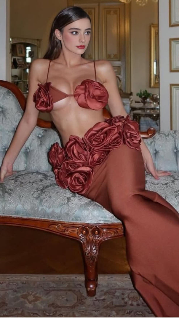 AIIZIE BROWN FLOWERED TOP AND LONG MIDI SKIRT SET - product image