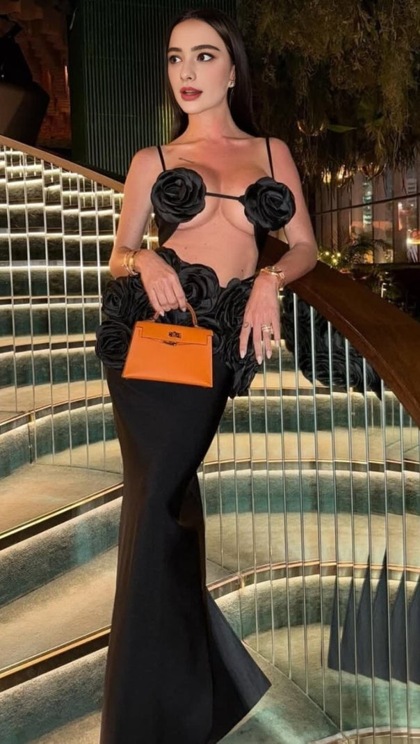 AIIZIE BLACK FLOWERED TOP AND LONG MIDI SKIRT SET - product image