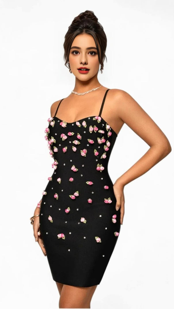 AIIZIE FLORAL PEARL MINI DRESS BLACK - product image