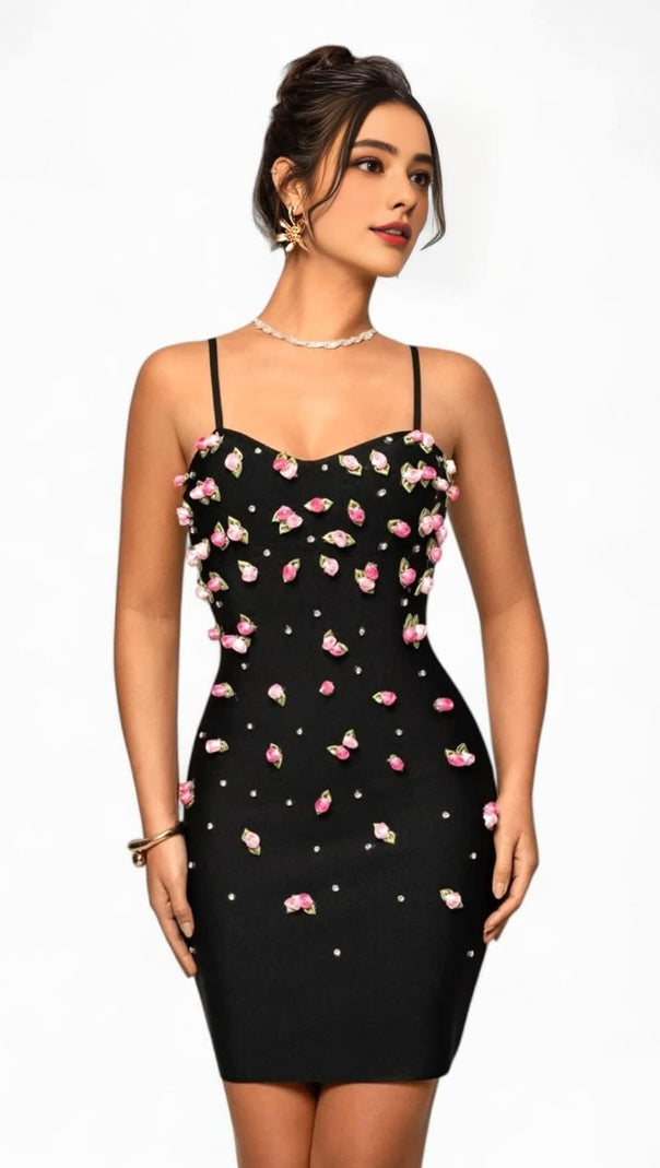AIIZIE FLORAL PEARL MINI DRESS BLACK - product image