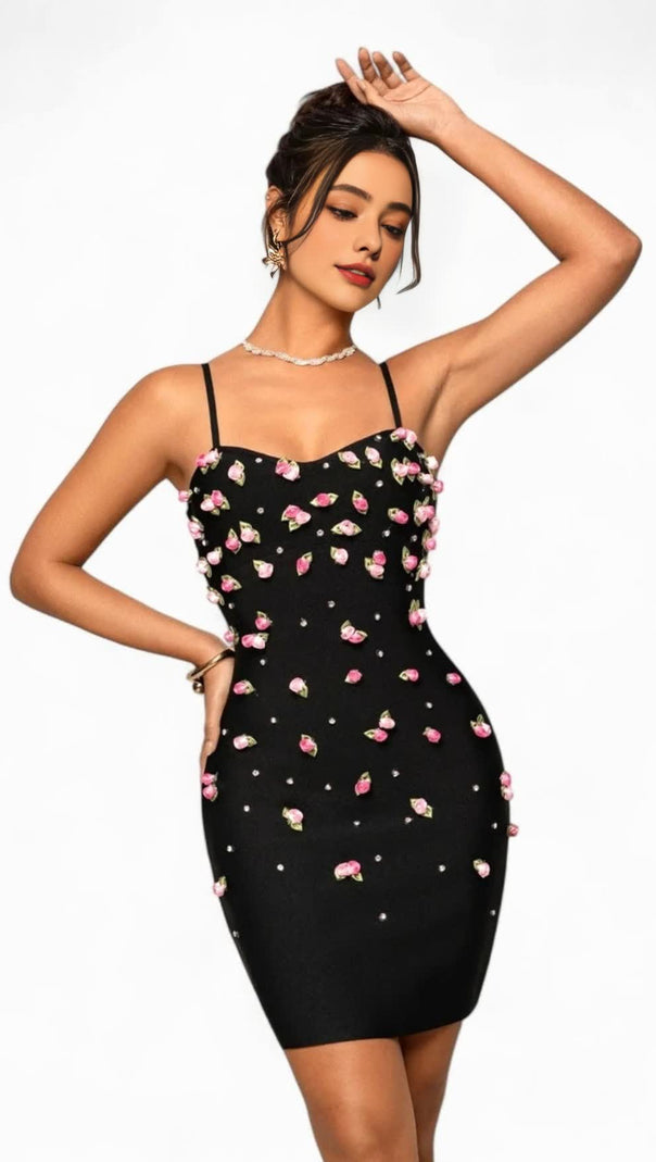 AIIZIE FLORAL PEARL MINI DRESS BLACK - product image