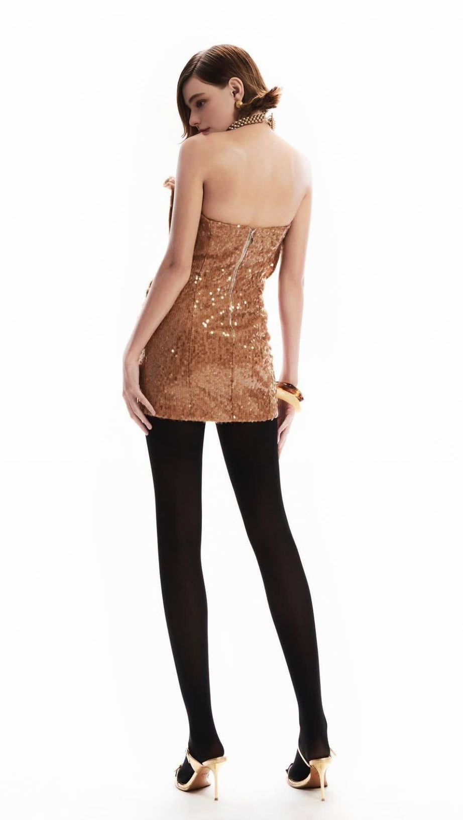 CHARAE SEQUIN FLORAL STRAPLESS MINI DRESS IN BROWN