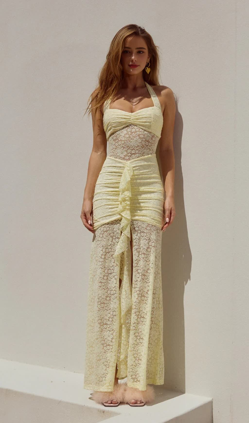 YELLOW LACE HALTER NECK MAXI DRESS