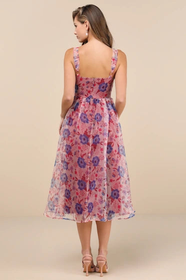 DELIGHTFUL LOOK MAGENTA FLORAL PRINT BUSTIER MIDI SKATER DRESS