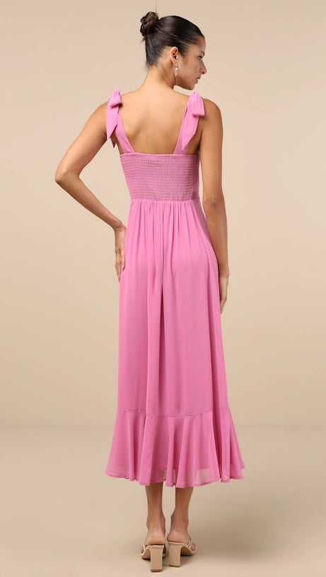 SUMMER INVITE PINK TIE-STRAP TIERED MIDI DRESS