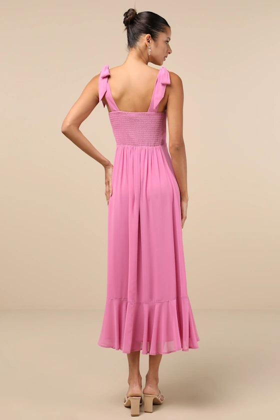 AIIZIE SUMMER INVITE PINK TIE-STRAP TIERED MIDI DRESS - product image