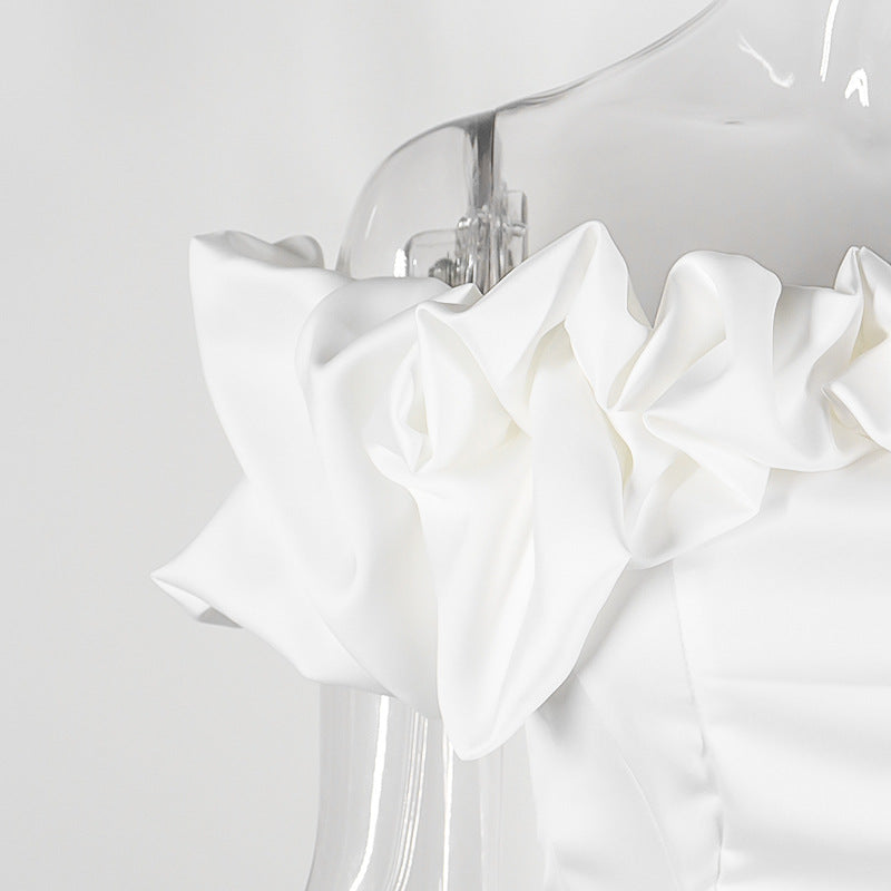 SATIN RUFFLE STRAPLESS DRESS IN WHITE