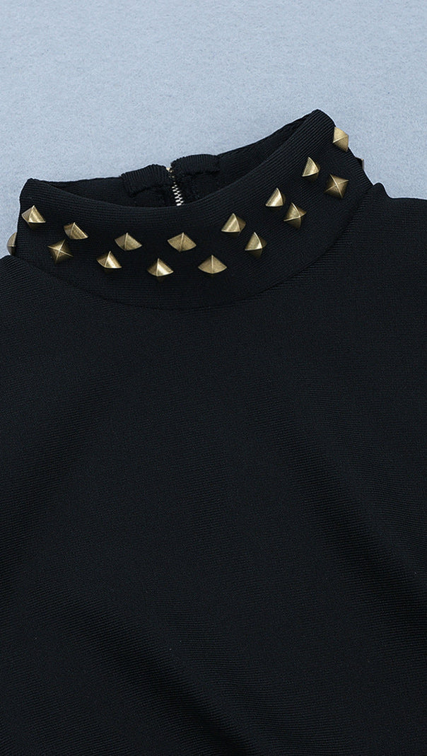 AIIZIE METAL EMBELLISHED PLEATED BLACK MINI DRESS - product image