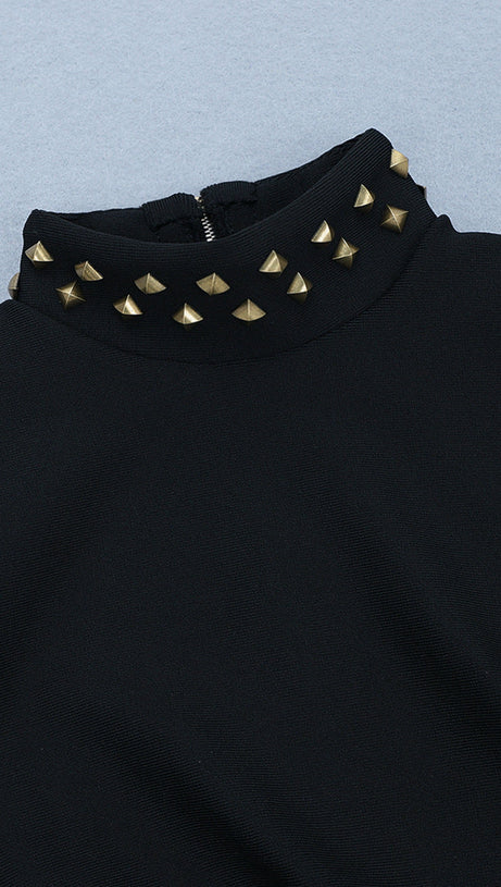 METAL EMBELLISHED PLEATED BLACK MINI DRESS