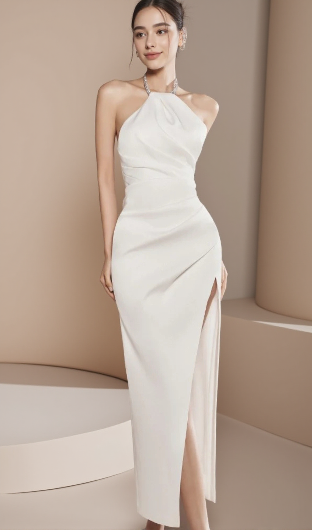 ELLA HALTER RUCHED HIGH SLIT MIDI DRESS IN APRICOT