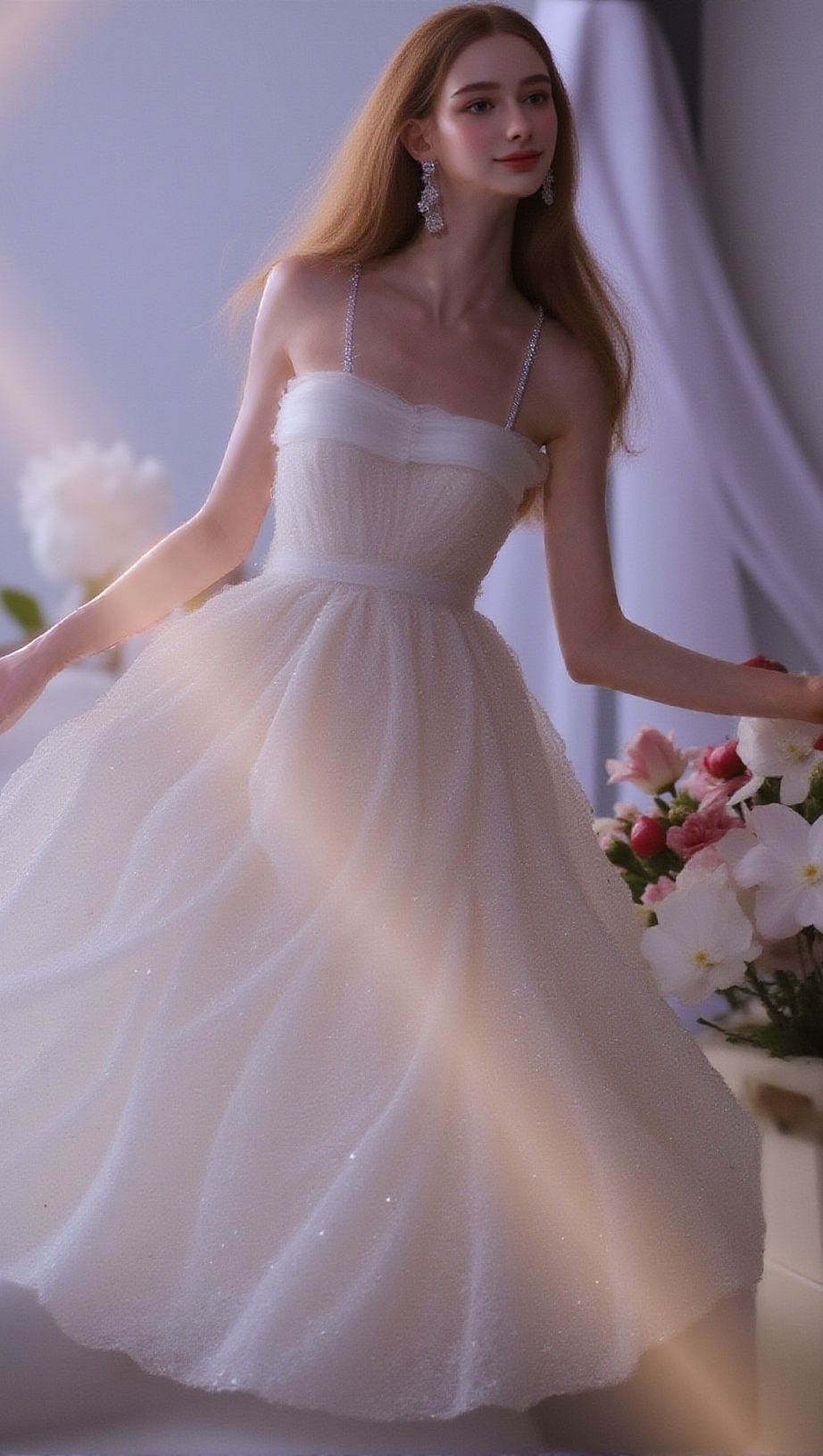 STEREOSCOPIC FLOWER RHINESTONE CHAIN MAXI DRESS IN WHITE