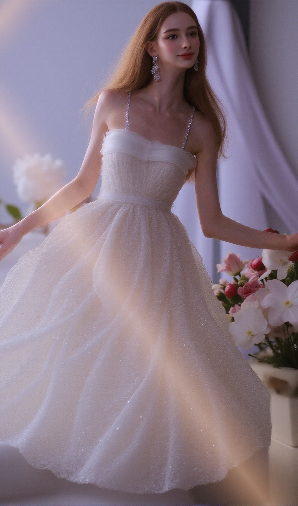 STEREOSCOPIC FLOWER RHINESTONE CHAIN MAXI DRESS IN WHITE