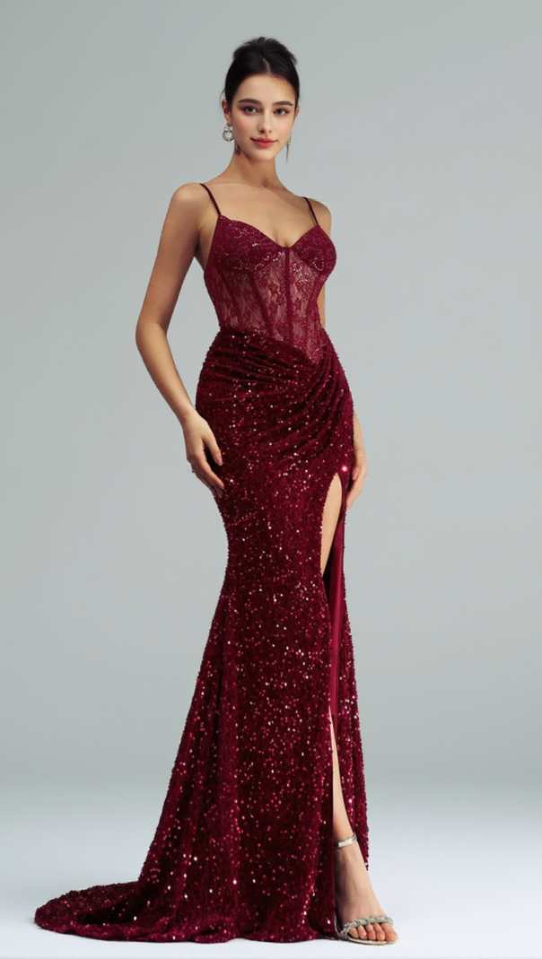 AIIZIE BELINDA LACE CORSET SEQUIN MAXI DRESS IN RED - product image