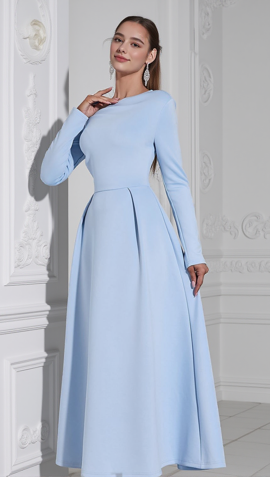 LONG SLEEVE SATIN A-LINE MAXI DRESS IN BLUE