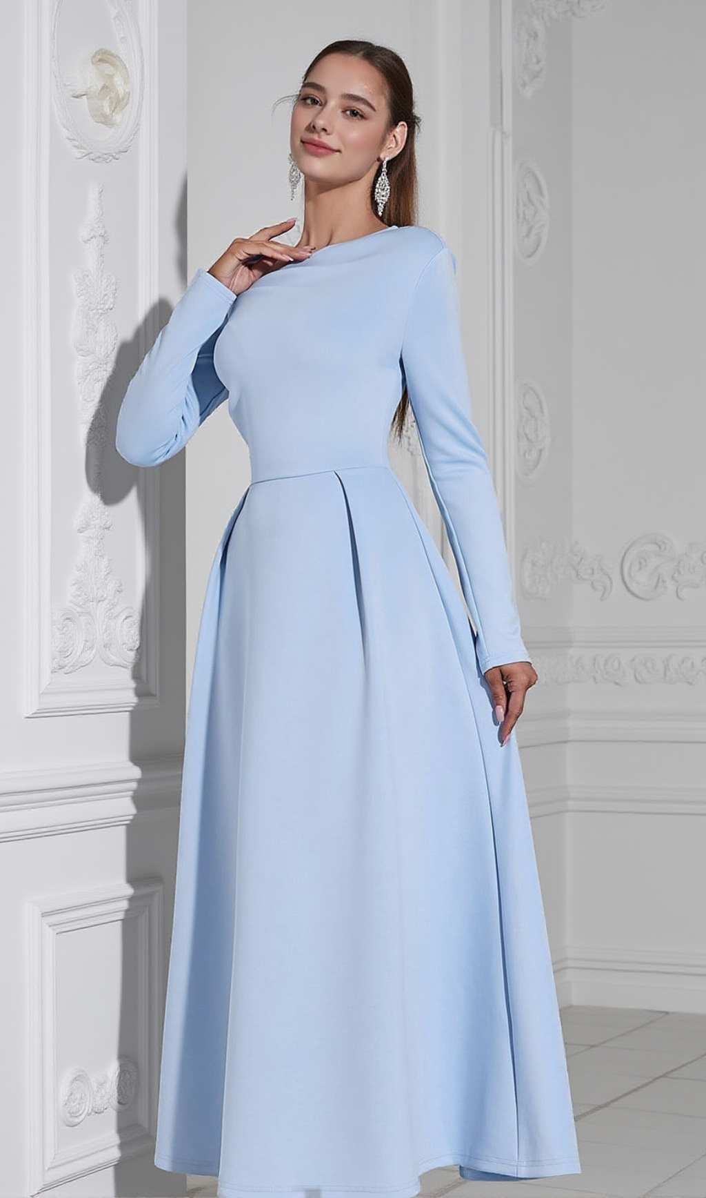 LONG SLEEVE SATIN A-LINE MAXI DRESS IN BLUE