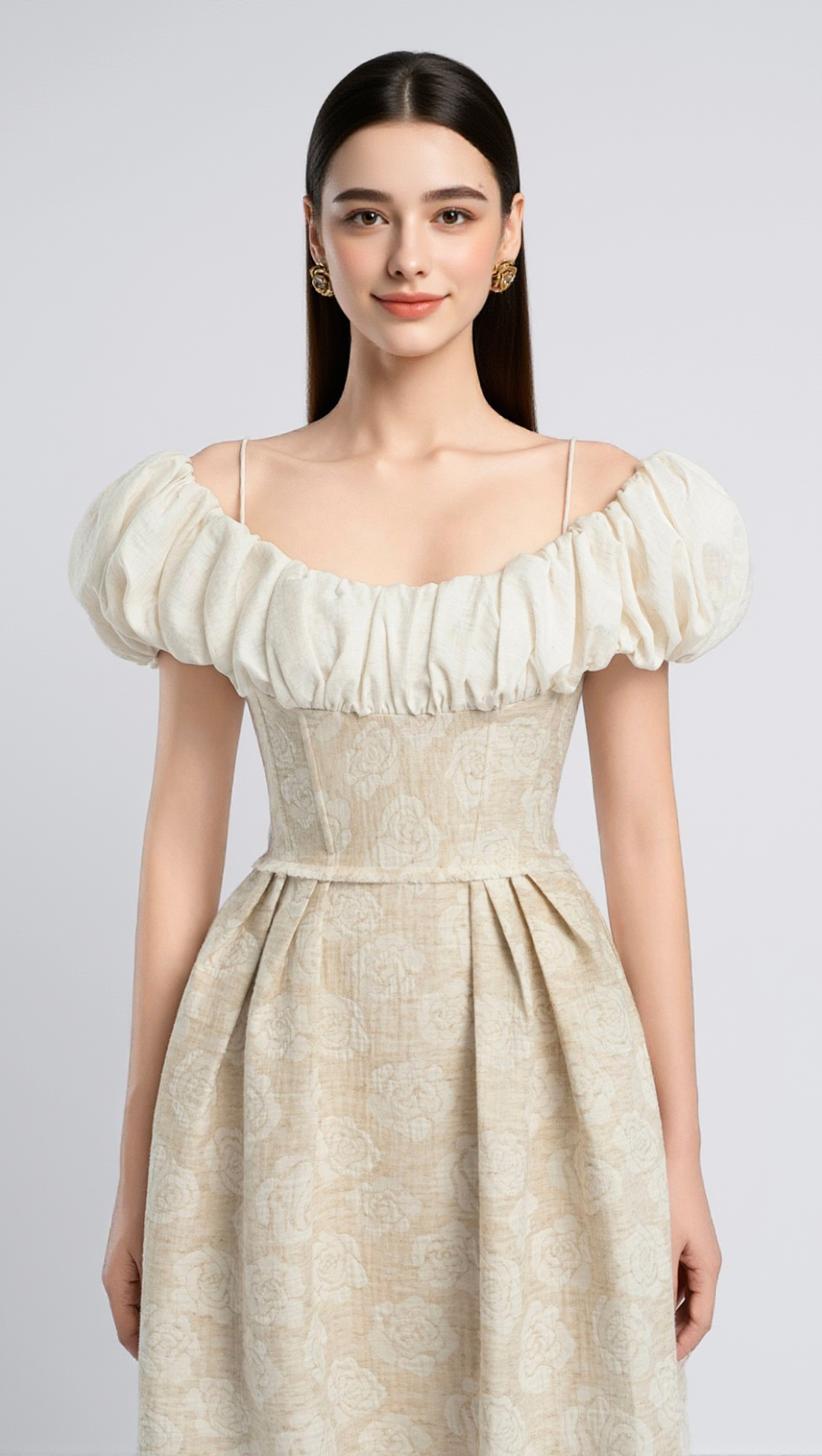 BOAT NECK CORSET MAXI DRESS IN BEIGE