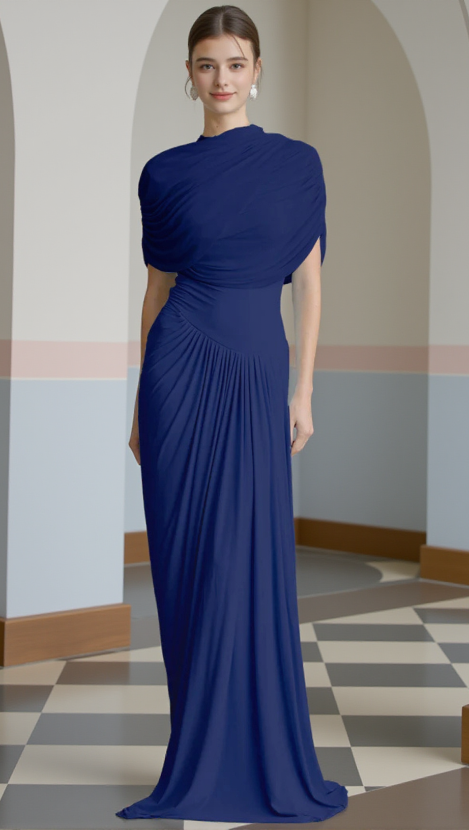 AAKIFA ASYMMETRIC DRAPED MAXI DRESS IN NAVY BLUE