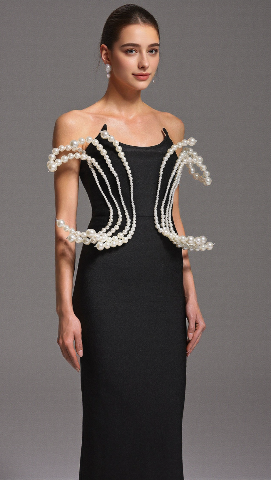 Tiffany – Perlen-Bandage-Maxikleid in Schwarz mit ärmellosem Schnitt