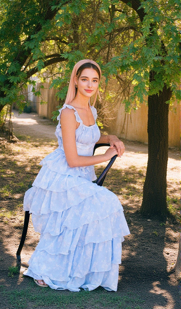 Light blue suspender cake maxi dress