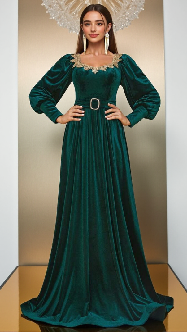 AIIZIE ATHENA VELVET LANTERN SLEEVE MAXI DRESS IN DARK GREEN - product image